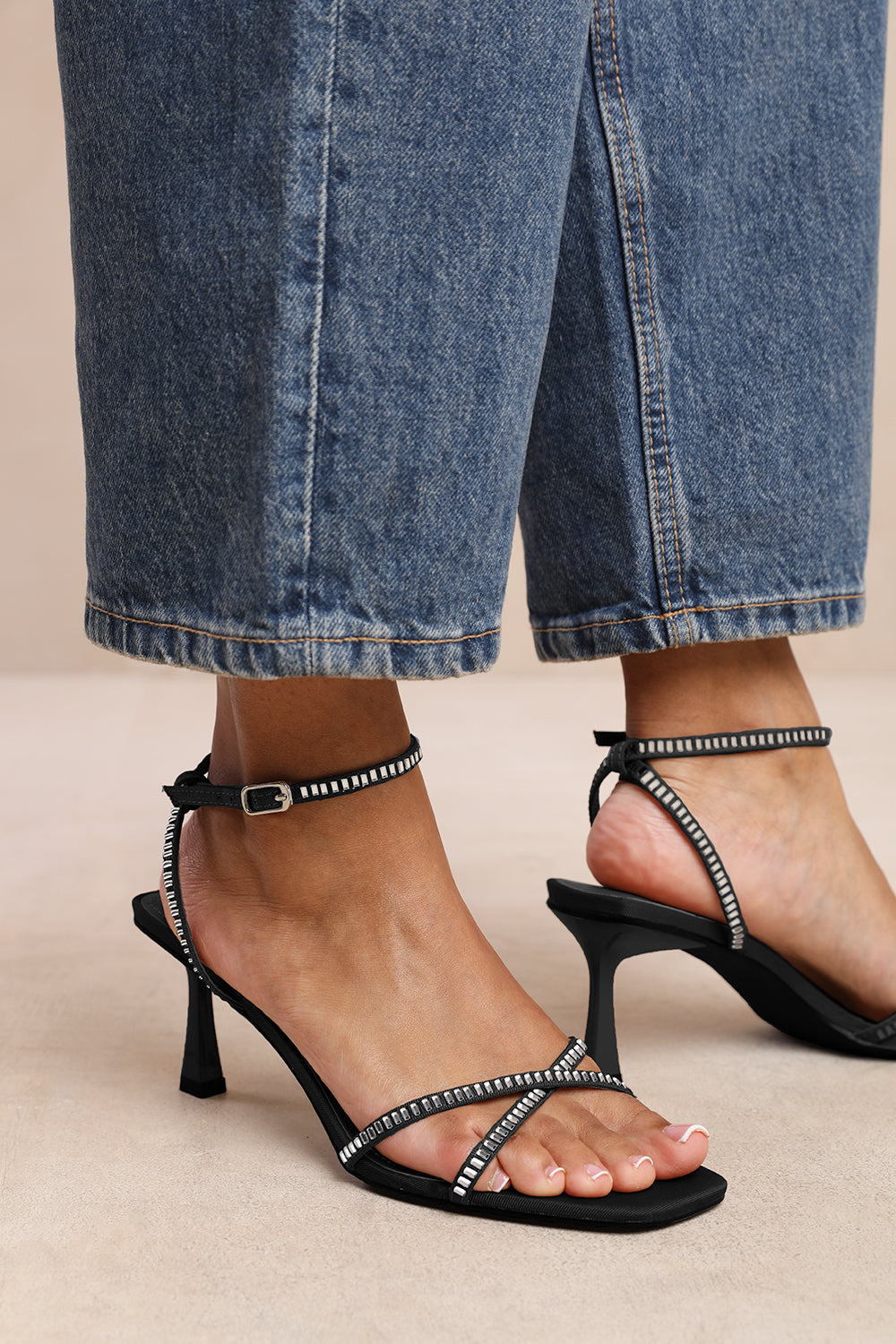 BLAIR WIDE FIT SQUARE TOE LOW BLOCK HEEL WITH DIAMANTE CROSS OVER STRAP DETAIL IN BLACK SATIN