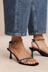 BLAIR WIDE FIT SQUARE TOE LOW BLOCK HEEL WITH DIAMANTE CROSS OVER STRAP DETAIL IN BLACK SATIN