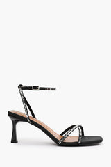 BLAIR WIDE FIT SQUARE TOE LOW BLOCK HEEL WITH DIAMANTE CROSS OVER STRAP DETAIL IN BLACK SATIN