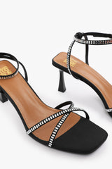 BLAIR WIDE FIT SQUARE TOE LOW BLOCK HEEL WITH DIAMANTE CROSS OVER STRAP DETAIL IN BLACK SATIN