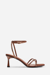 KENIA SQUARE TOE LOW BLOCK HEEL WITH DIAMANTE CROSS OVER STRAP DETAIL IN CHOCOLATE SATIN