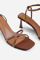 KENIA SQUARE TOE LOW BLOCK HEEL WITH DIAMANTE CROSS OVER STRAP DETAIL IN CHOCOLATE SATIN