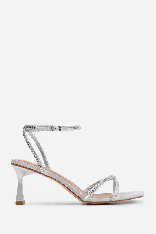 BLAIR WIDE FIT SQUARE TOE LOW BLOCK HEEL WITH DIAMANTE CROSS OVER STRAP DETAIL IN SILVER SATIN