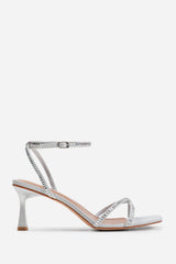 KENIA SQUARE TOE LOW BLOCK HEEL WITH DIAMANTE CROSS OVER STRAP DETAIL IN SILVER SATIN