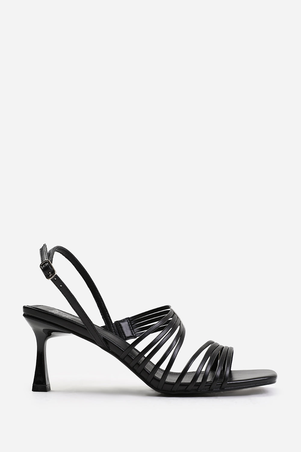 SAMMI SQUARE TOE LOW BLOCK SLINGBACK HEEL WITH MULTI STRAP DETAIL IN BLACK FAUX LEATHER