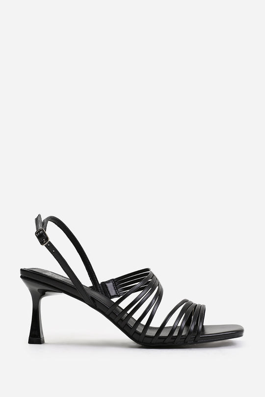 SAMMI WIDE FIT SQUARE TOE LOW BLOCK SLINGBACK HEEL WITH MULTI STRAP DETAIL IN BLACK FAUX LEATHER