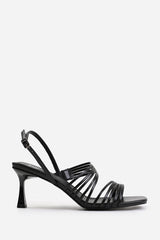 SAMMI SQUARE TOE LOW BLOCK SLINGBACK HEEL WITH MULTI STRAP DETAIL IN BLACK FAUX LEATHER