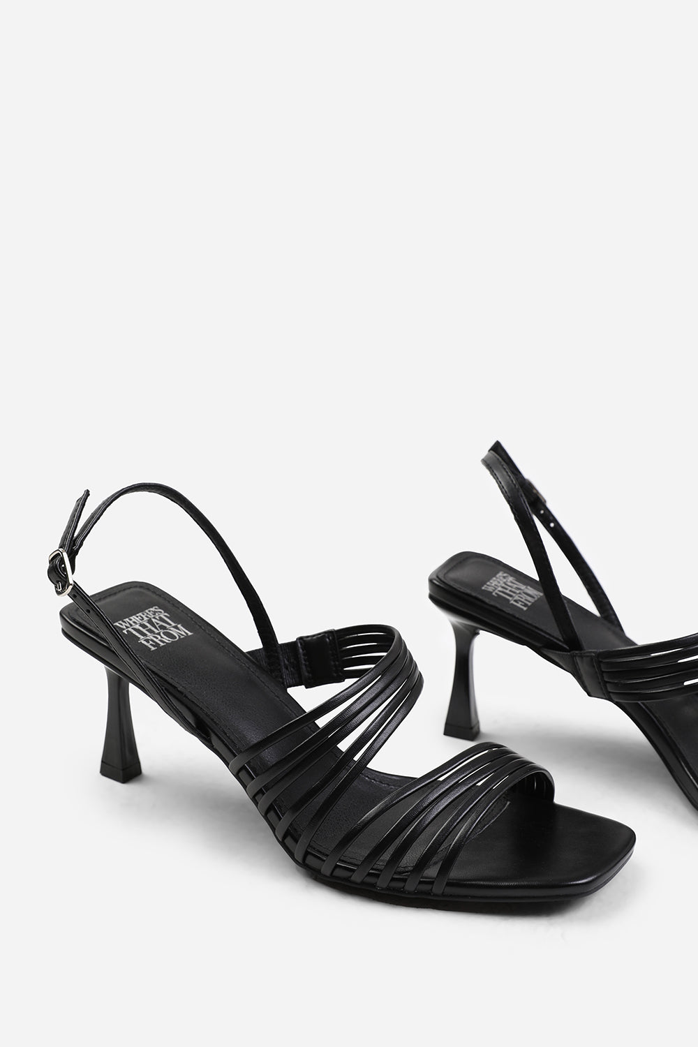 SAMMI SQUARE TOE LOW BLOCK SLINGBACK HEEL WITH MULTI STRAP DETAIL IN BLACK FAUX LEATHER