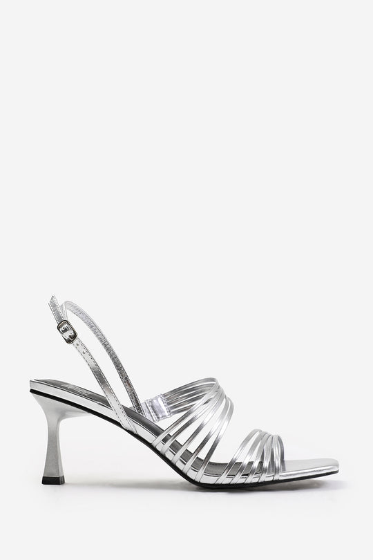 SAMMI WIDE FIT SQUARE TOE LOW BLOCK SLINGBACK HEEL WITH MULTI STRAP DETAIL IN SILVER METALLIC FAUX LEATHER