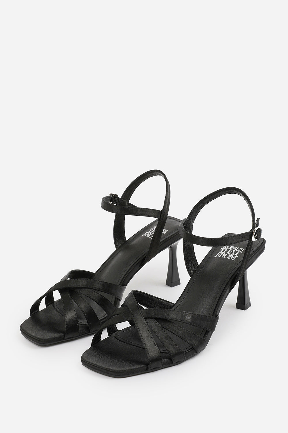 TORIGH CROSS OVER MULTI STRAP ADJUSTABLE BUCKLE HEEL IN BLACK SATIN