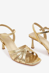 TORIGH WIDE FIT CROSS OVER MULTI STRAP ADJUSTABLE BUCKLE HEEL IN GOLD CRINKLE PU