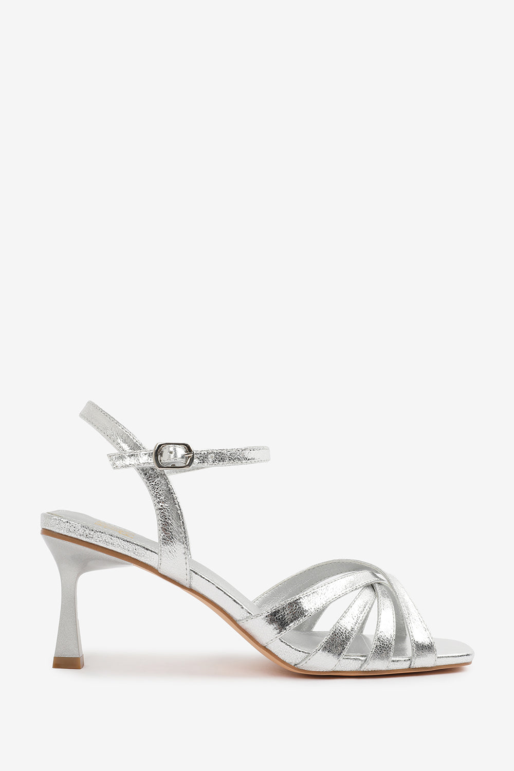 TORIGH CROSS OVER MULTI STRAP ADJUSTABLE BUCKLE HEEL IN SILVER CRINKLE PU