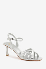 TORIGH CROSS OVER MULTI STRAP ADJUSTABLE BUCKLE HEEL IN SILVER CRINKLE PU