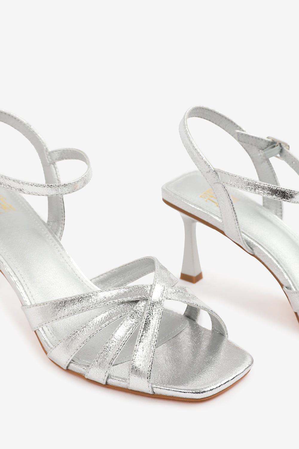 TORIGH WIDE FIT CROSS OVER MULTI STRAP ADJUSTABLE BUCKLE HEEL IN SILVER CRINKLE PU