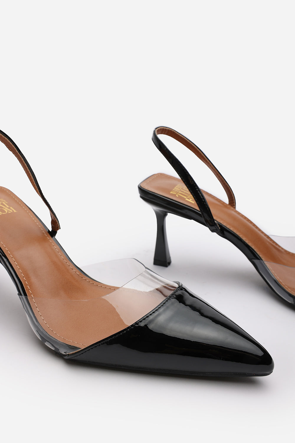 Tivora Black Pointed Slingback Heels With Perspex Panels