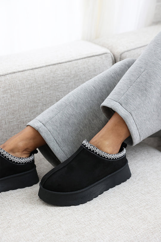 Praise Cosy Black Faux-Suede Fur Lining Platform Slipper