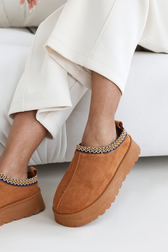 Praise Cosy Chestnut Faux-Suede Fur Lining Platform Slipper