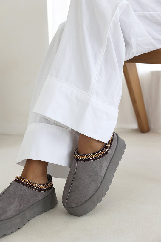 Galia Cosy Grey Faux-Suede Fur Lining Platform Low Ankle Boot