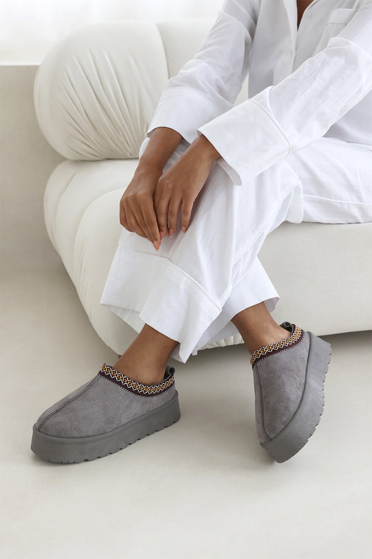 Praise Cosy Grey Faux-Suede Fur Lining Platform Slipper