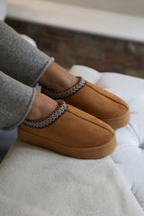 ALLEGRA FLATFORM EMBROIDERED LOW ANKLE SLIPPER BOOTS IN CHESTNUT SUEDE