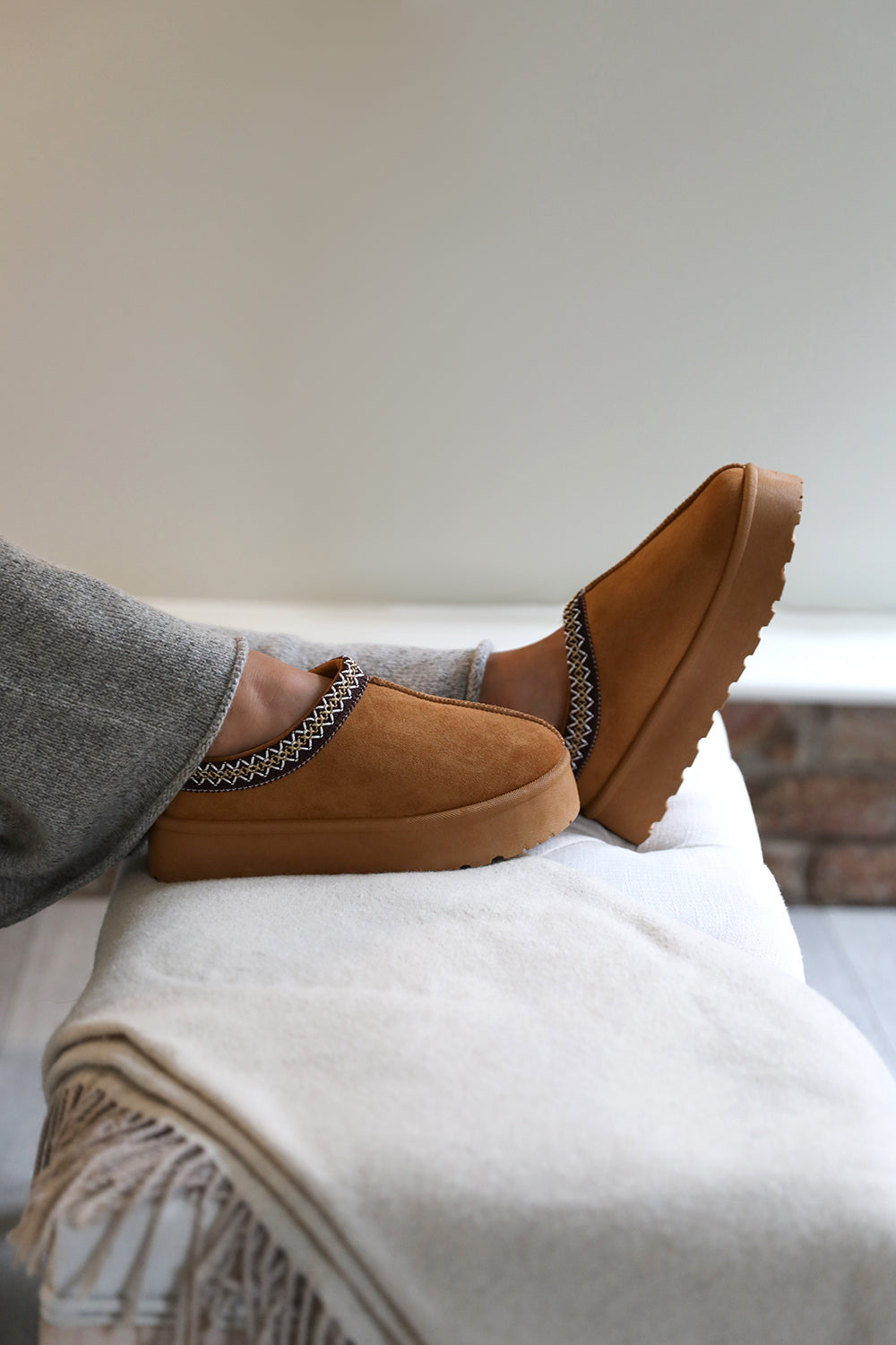 ALLEGRA FLATFORM EMBROIDERED LOW ANKLE SLIPPER BOOTS IN CHESTNUT SUEDE