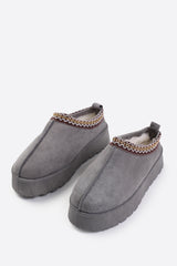 ALLEGRA FLATFORM EMBROIDERED LOW ANKLE SLIPPER BOOTS IN LIGHT GREY SUEDE