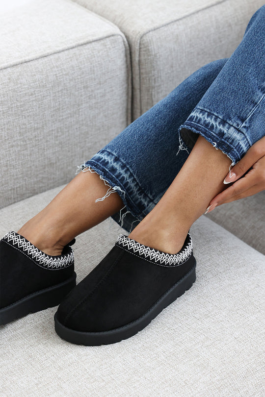 Eveline Black Embroidery Detail Slip On Ankle Boots