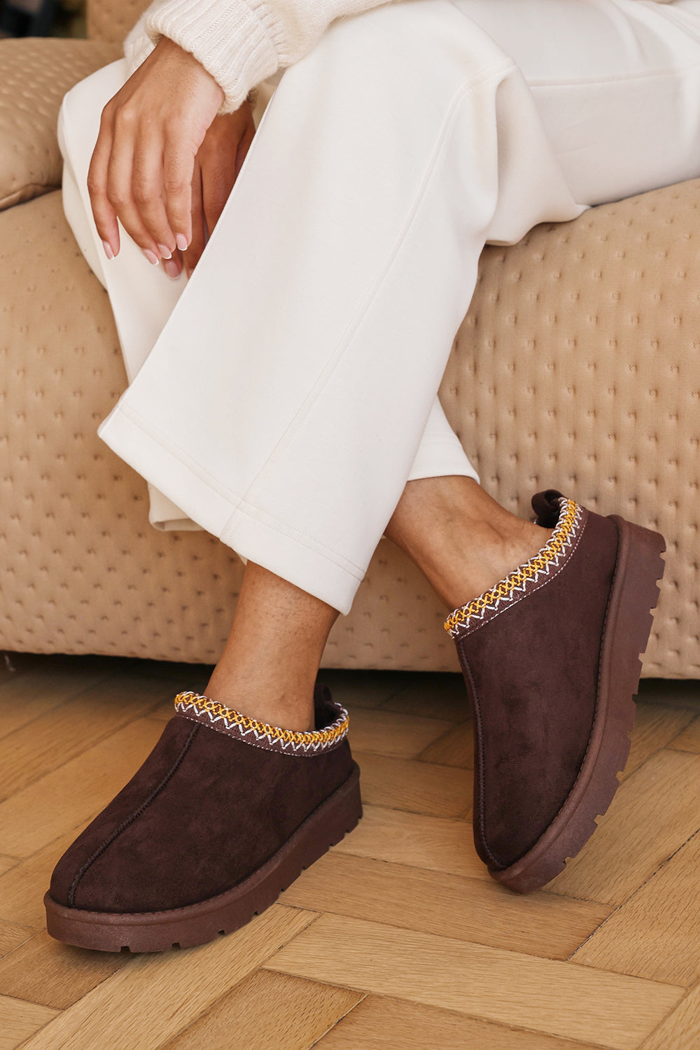 Jalyx Platform Sole Slip On Slippers with Embroidered Trim Design