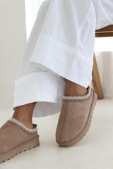 Pine Aztec Detail Faux Fur Lining Mini Boots In Khaki Suede