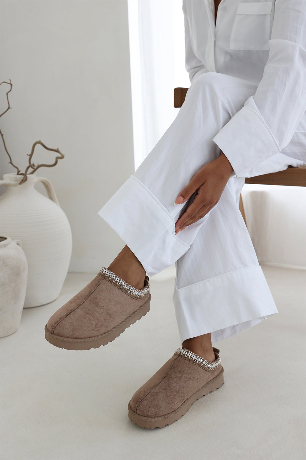 Pine Aztec Detail Faux Fur Lining Mini Boots In Khaki Suede
