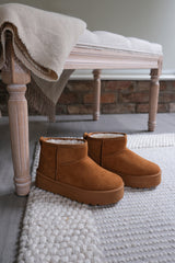 OAK FAUX FUR LINING PLATFORM ANKLE BOOTS IN CHESTNUT SUEDE