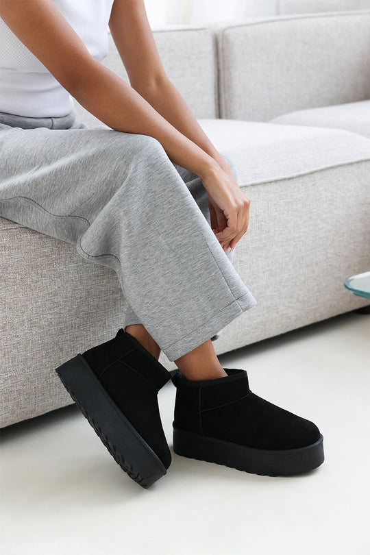 Ivana Mini Black Faux-Suede Fur Lined Platform Ankle Boot