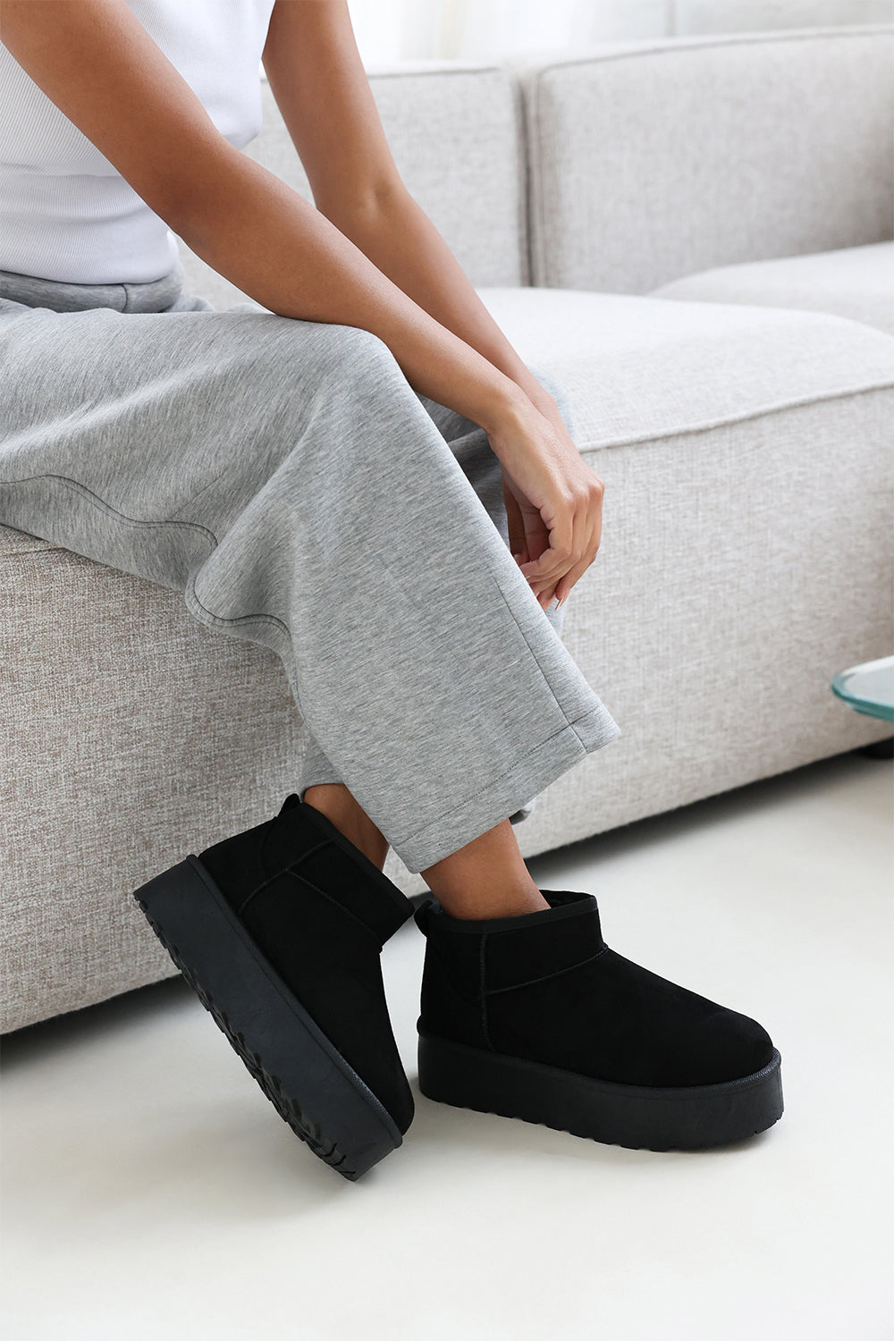 Reina Mini Black Faux-Suede Fur Lined Platform Ankle Slipper Boots