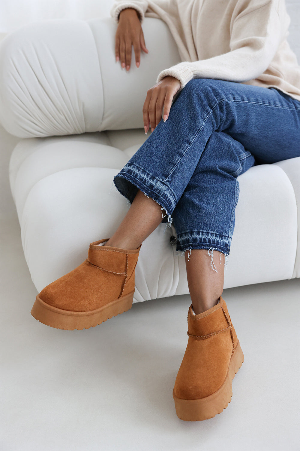 Reina Mini Chestnut Faux-Suede Fur Lined Platform Ankle Slipper Boots