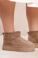 ZYLA FLATFORM FUR LINING ANKLE BOOT IN CAMEL SUEDE