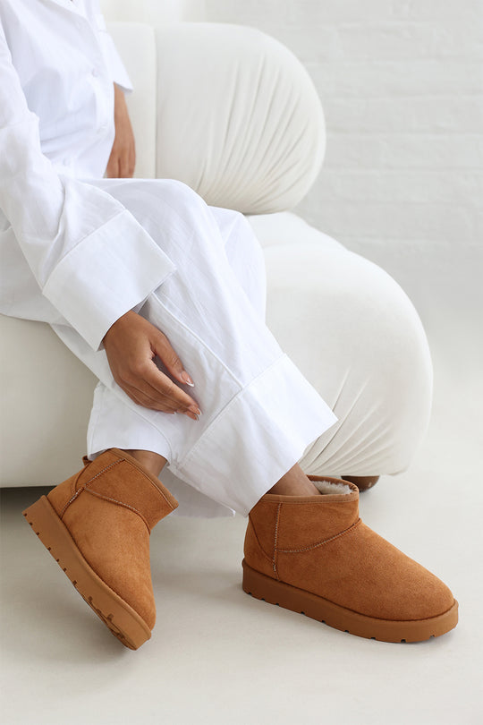 Janessa Mini Chestnut Faux-Suede Fur Lined Ankle Boots