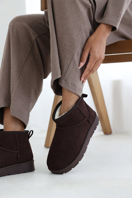 Janessa Mini Brown Faux-Suede Fur Lined Ankle Boots
