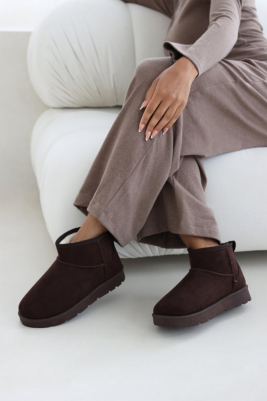 Suri Mini Brown Faux-Suede Fur Lined Ankle Slipper Boots