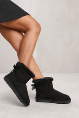 ALBA ANKLE BOOT WITH FAUX FUR LINING AND BOW RIBBON DETAIL IN BLACK