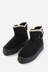 CALLA FLATFORM FUR LINING ANKLE BOOT WITH VELCRO FASTENING IN BLACK SUEDE