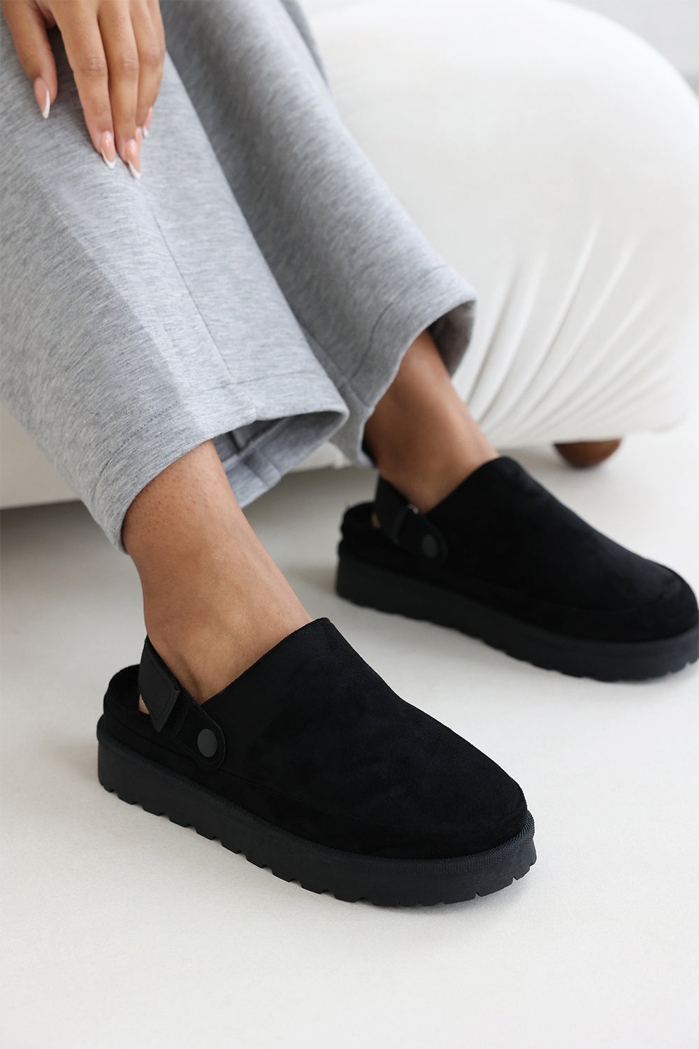 Kamila Cosy Adjustable Sling Back Black Faux-Suede Shoes
