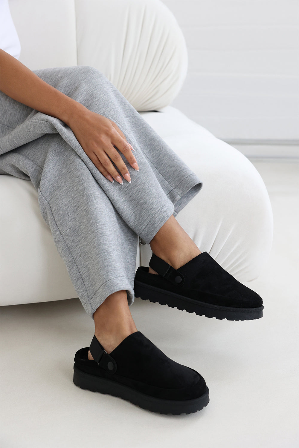 Kamila Cosy Adjustable Sling Back Black Faux-Suede Shoes