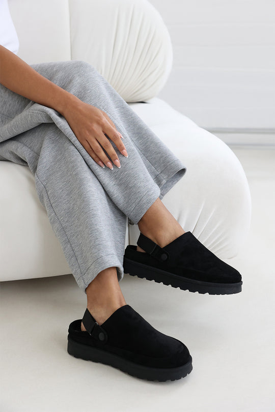 Taliah Cosy Adjustable Sling Back Black Faux-Suede Slippers