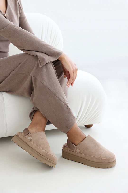 Taliah Cosy Adjustable Sling Back Camel Faux-Suede Slippers