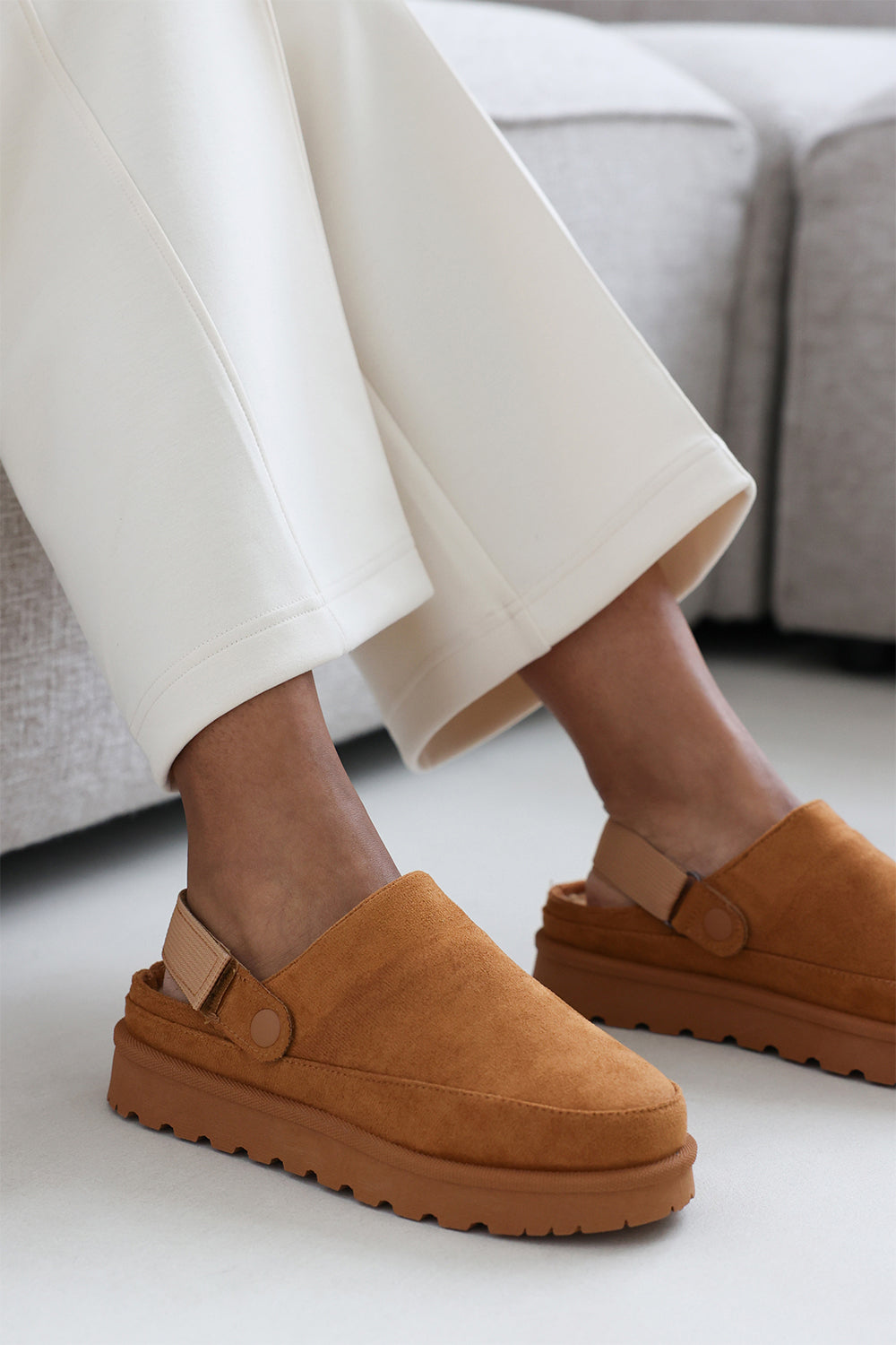 Taliah Cosy Adjustable Sling Back Chestnut Faux-Suede Slippers