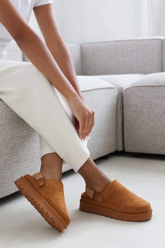 Taliah Cosy Adjustable Sling Back Chestnut Faux-Suede Slippers