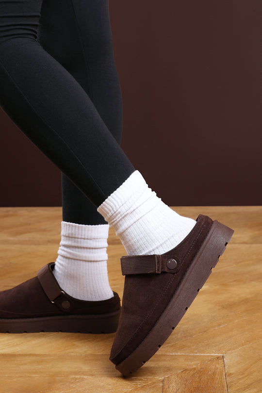 Alondra Slip On Adjustable Strap Mini Boots In Brown Suede