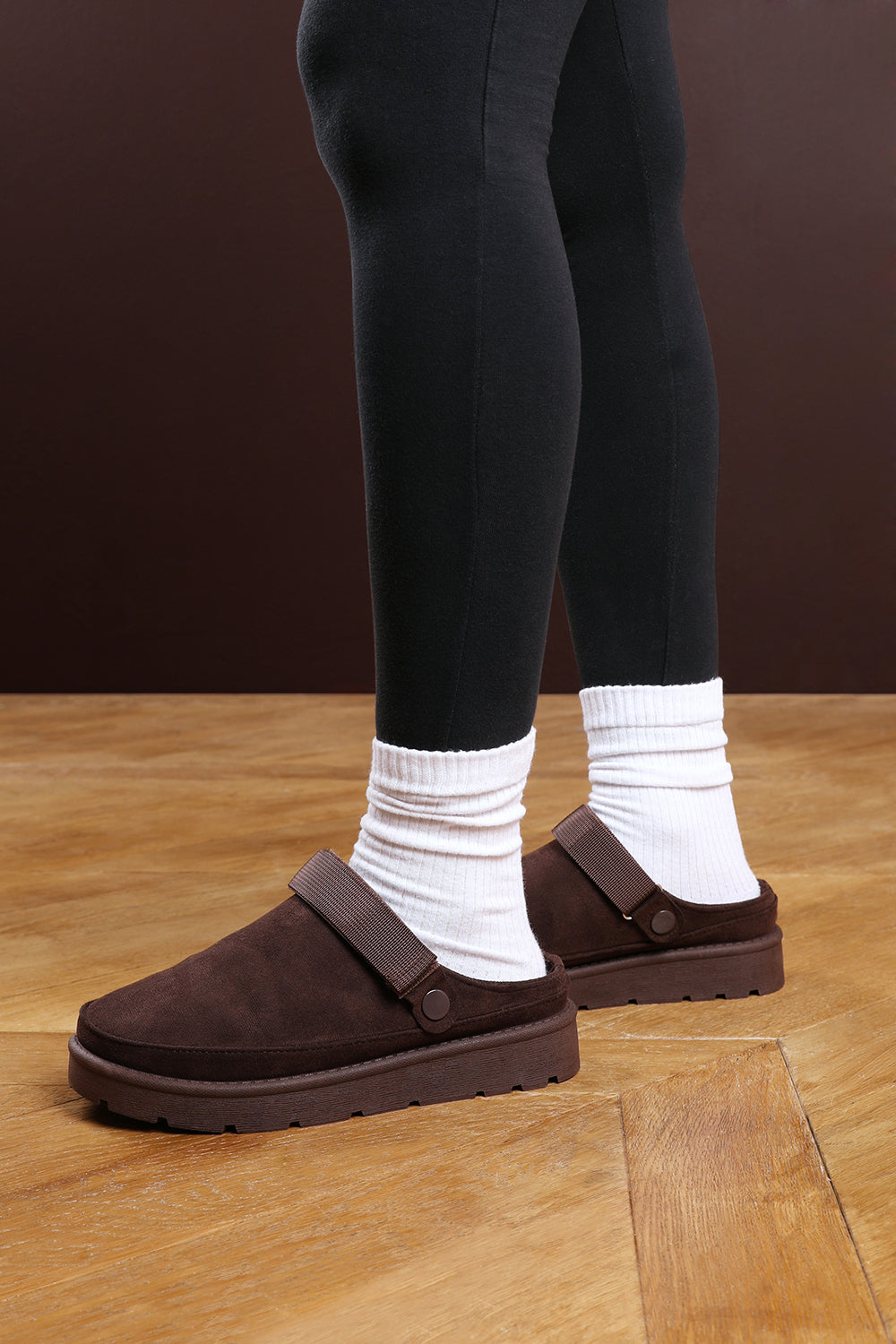 Kamila Cosy Adjustable Sling Back Brown Faux-Suede Shoes