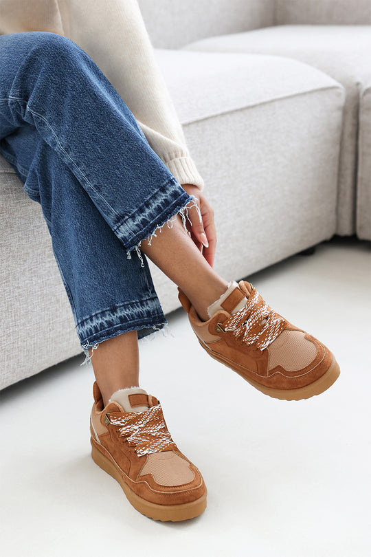 Lumina Chestnut Suede Low Top Trainer with mesh panel and Faux fur lining