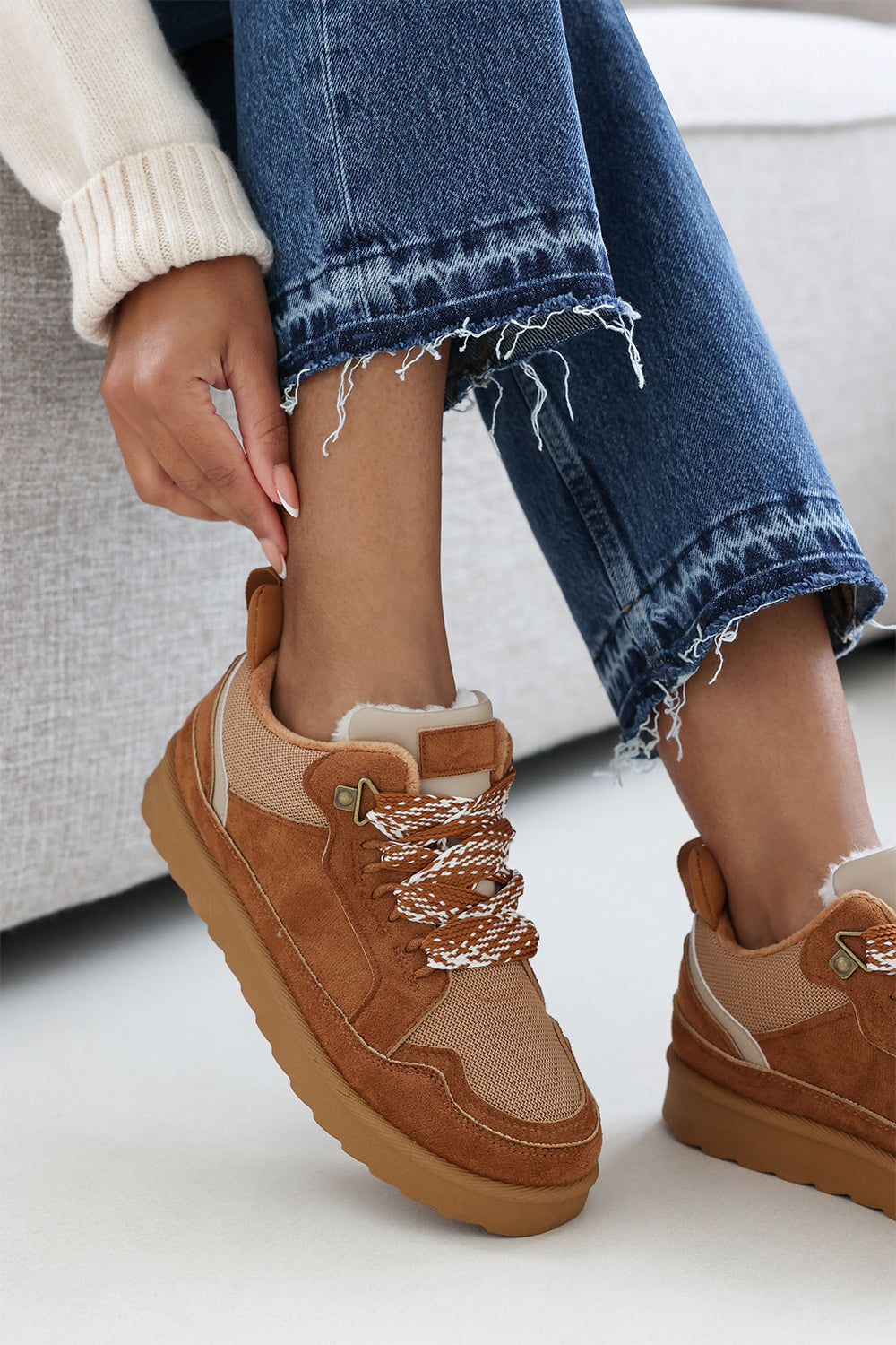 Lumina Chestnut Suede Low Top Trainer with mesh panel and Faux fur lining